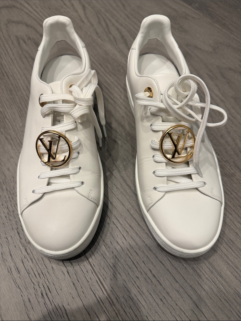 Louis Vuitton White Leather Sneakers with Gold LV Emblems